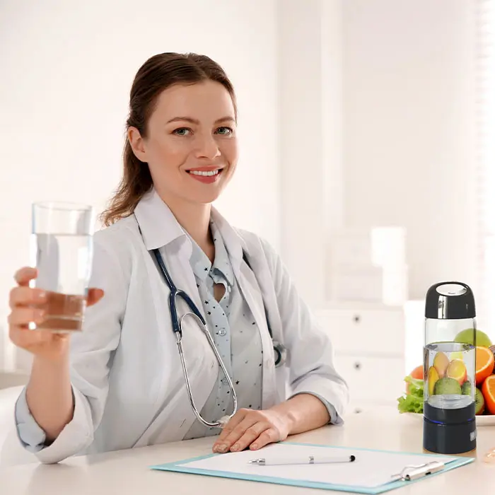 Ärztin mit wasserstoffreichem Trinkwasser