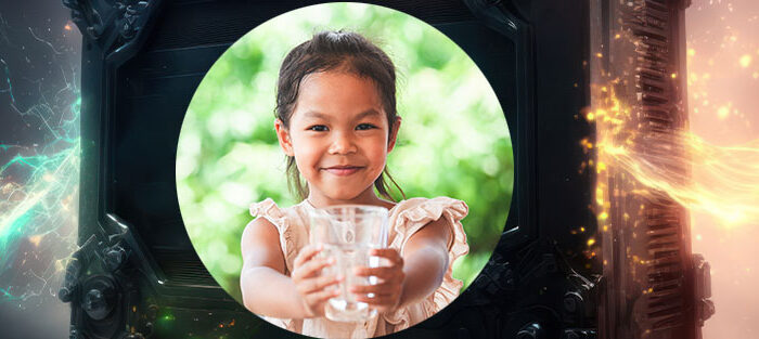 Kind mit Trinkwasser und Akku Entsorgung