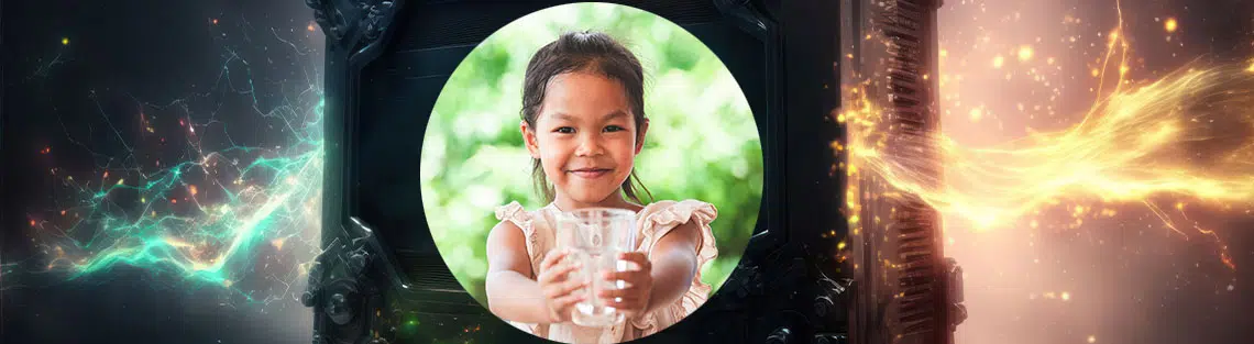 Kind mit Trinkwasser und Akku Entsorgung