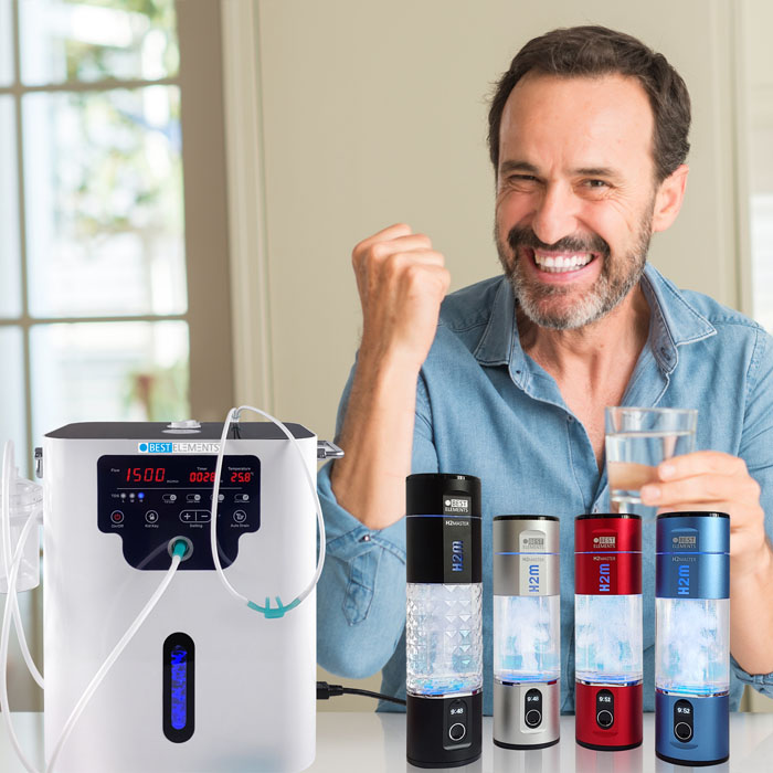 Mann mit H2Star Wasserstoff-Inhalatoren und H2Master Wasserstoffflaschen